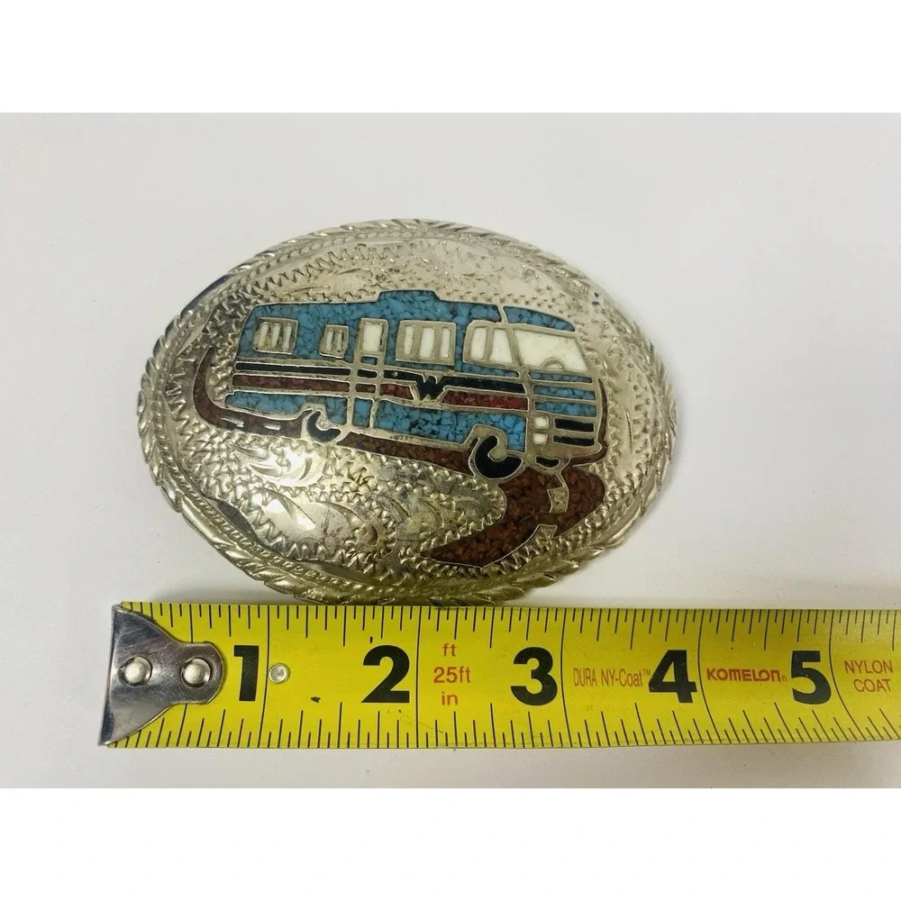 Motorhome RV Belt Buckle Turquoise‎ and Coral Chip Inlay Silver Tone